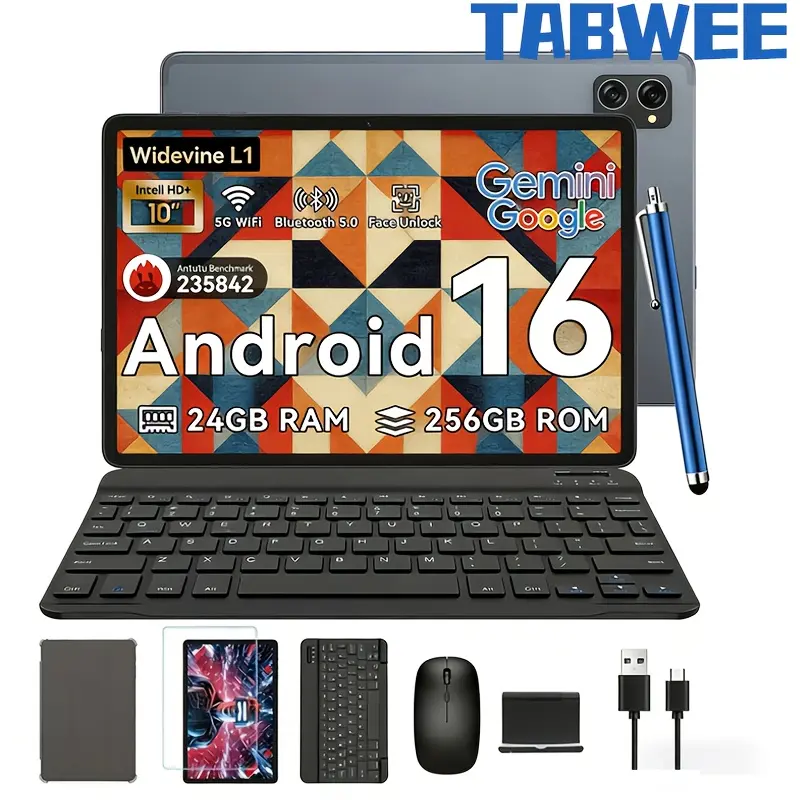 TABWEE T20 안드로이드16 신형 2025 태블릿, 10.1인치 HD 대형 스크린, 1280x800 IPS 디스플레이, 옥타코어 고성능 CPU, 24GB(8GB+16GB 확장)RAM 256GB ROM+ 2TB 확장 지원, 8MP+5MP 듀얼 카메라, 5000mAh 긴 배터리 수명, 얼굴 인식 잠금 해제 지원, Widevine L1, Gemini Ai, 90Hz 고주사율, 블루투스 5.0, 스마트 렌즈, 5G WiFi 6/타입-C/GPS - 키보드 마우스 스타일러스 포함 2in 1 게이밍 태블릿 세트