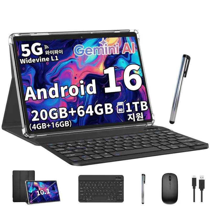 QDDQ 안드로이드 16 태블릿 10인치, 20GB (4GB + 16GB) RAM, 64GB ROM + 1TB 확장 가능, 쿼드코어 CPU, 5G, Wi-Fi 6, 1280 x 800 IPS 디스플레이, GMS, 사무실/가정/학교용 듀얼 카메라 태블릿, 태블릿, 패드