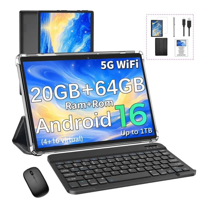 태블릿 New 안드로이드 16, 20GB (4+16) RAM + 64GB ROM 또는 12GB (4+8) RAM + 64GB ROM 옵션, 1TB 확장, (키보드, 케이스, 마우스, 스타일러스 포함) 옵션, 6000mAh, 태블릿 10.1인치 (어댑터 및 SD 카드 미포함), 축제 및 생일 선물용 태블릿