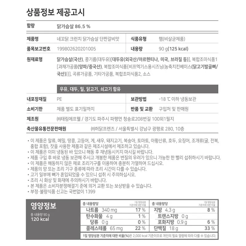 [네네치킨] 네꼬닭 크런치 닭가슴살 4종 20팩 (쌀가루O)