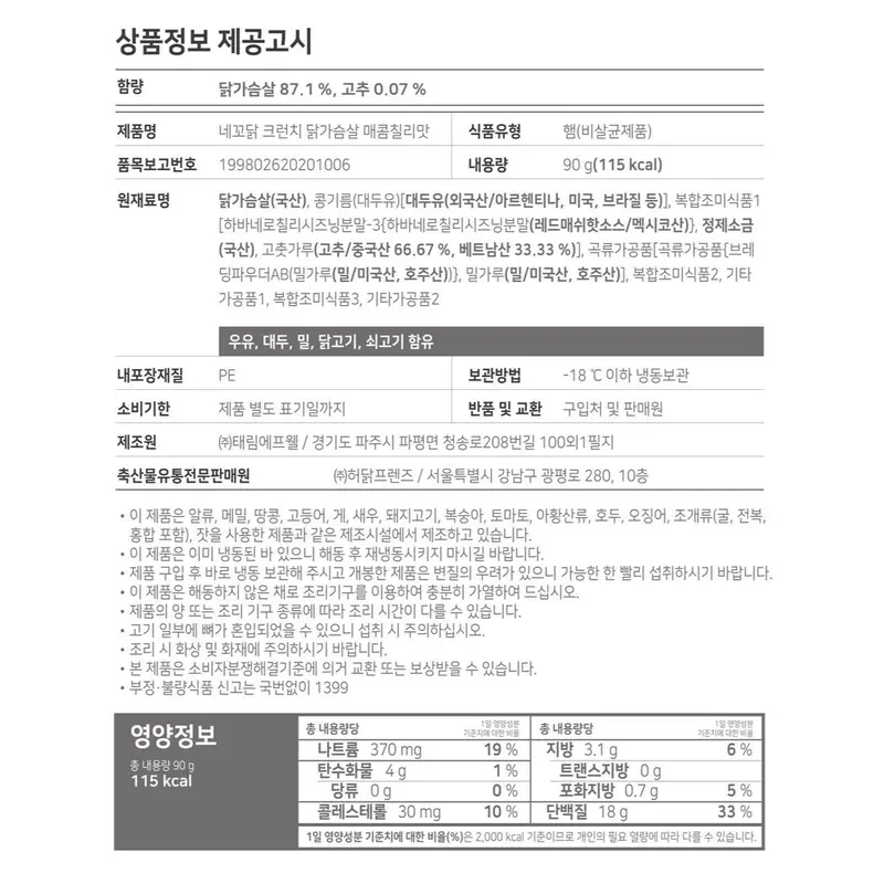 [네네치킨] 네꼬닭 크런치 닭가슴살 4종 20팩 (쌀가루O)