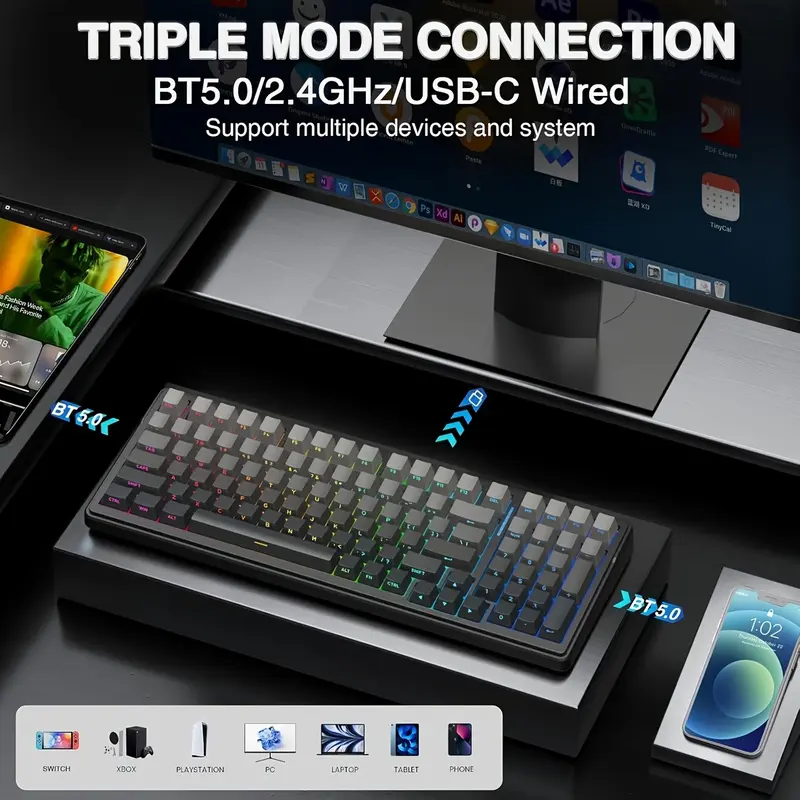 AULA F99 Pro 무선 기계식 키보드, 노브, Bt5.0/Usb-C/2.4Ghz 핫스왑 기능, 사전 윤활 스위치, RGB 백라이트 게이밍 키보드의 세 가지 모드 지원