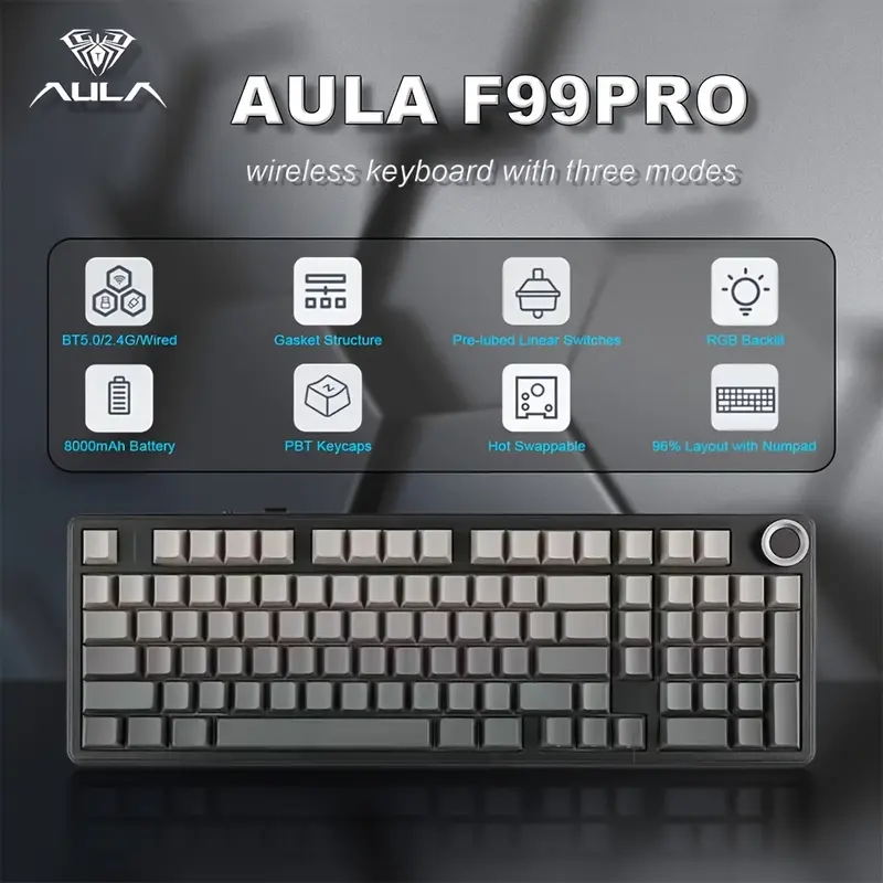 AULA F99 Pro 무선 기계식 키보드, 노브, Bt5.0/Usb-C/2.4Ghz 핫스왑 기능, 사전 윤활 스위치, RGB 백라이트 게이밍 키보드의 세 가지 모드 지원