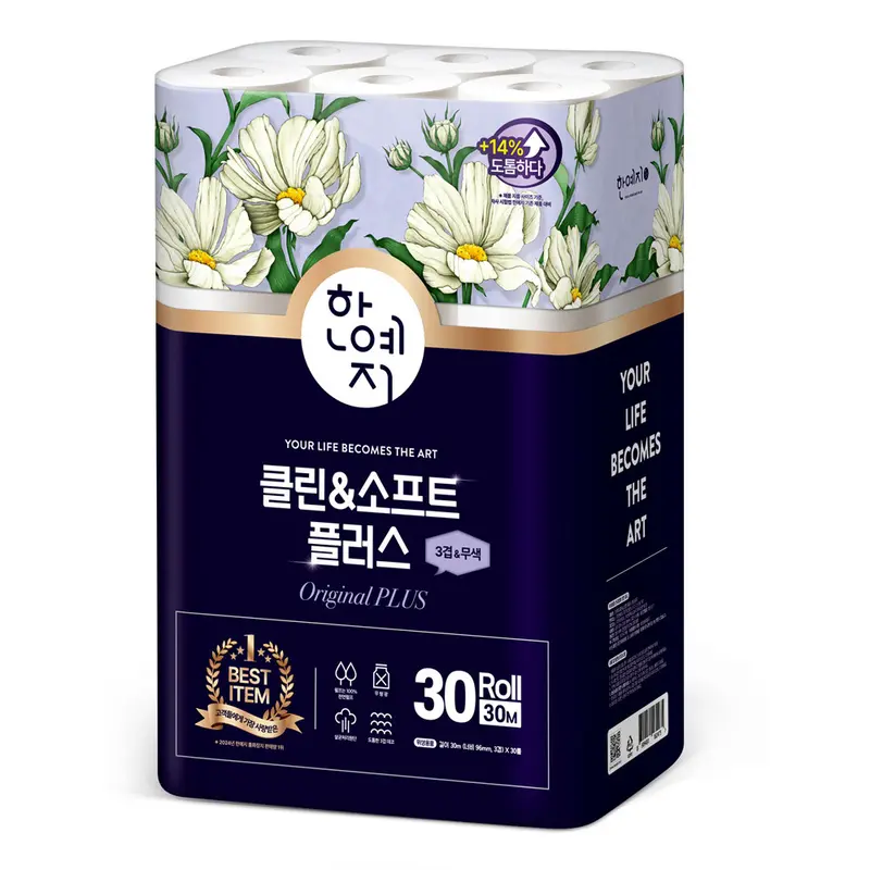 한예지 클린&소프트 플러스 천연펄프 3겹 화장지 30m 30롤 1팩