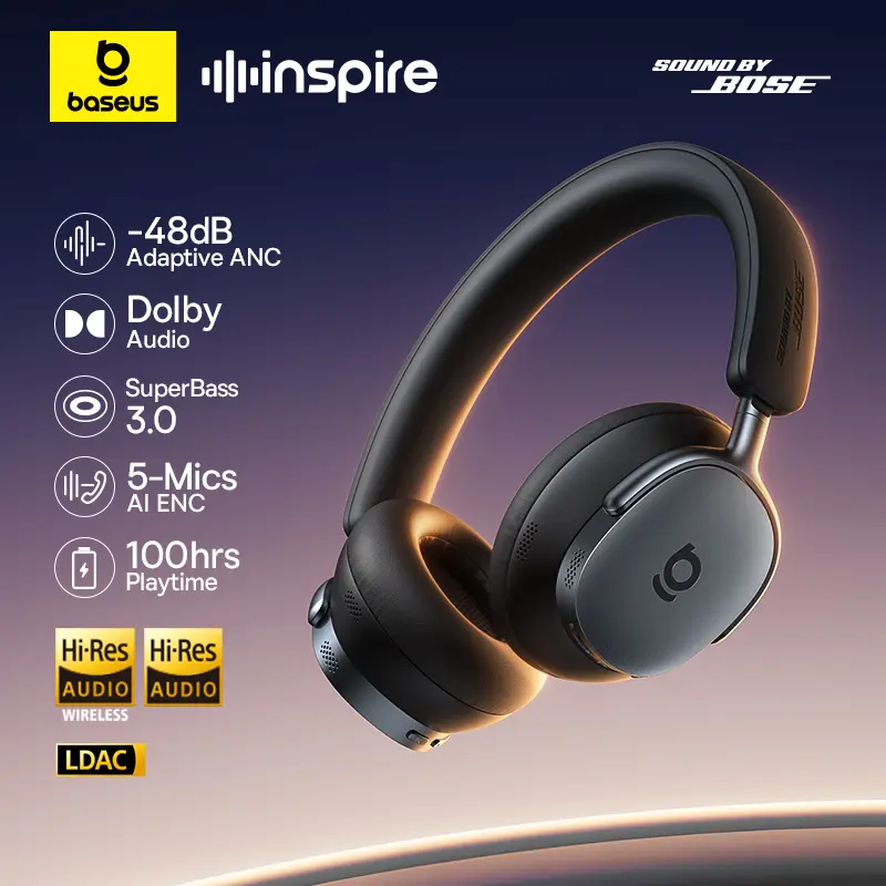Baseus Inspire XH1 Sound by Bose ANC 무선 헤드폰 블루투스 6.1 48dB 적응형 소음 제거 헤드셋 고해상도