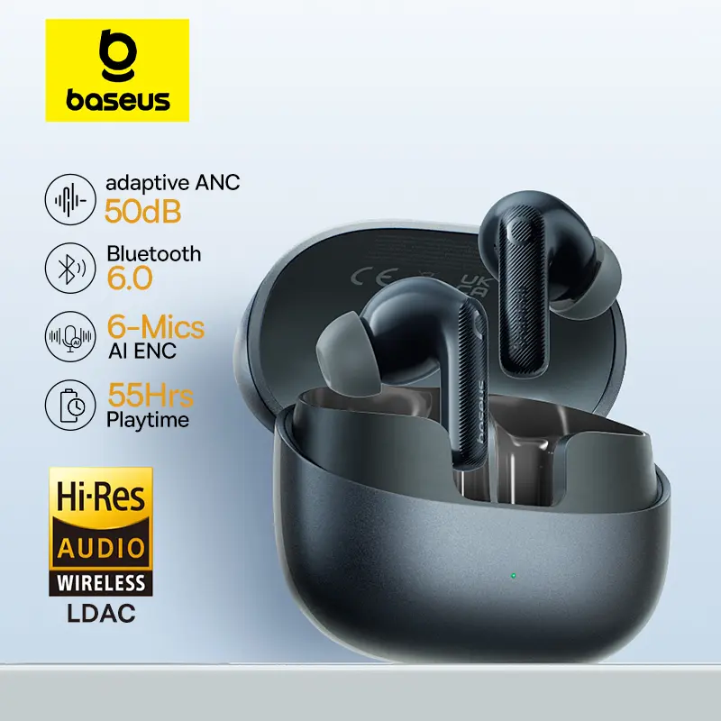 Baseus EP10 Pro ANC 이어버드 무선 블루투스 6.0 이어폰 50dB 실시간 적응형 헤드폰 6 마이크 고해상도 LDAC IP55