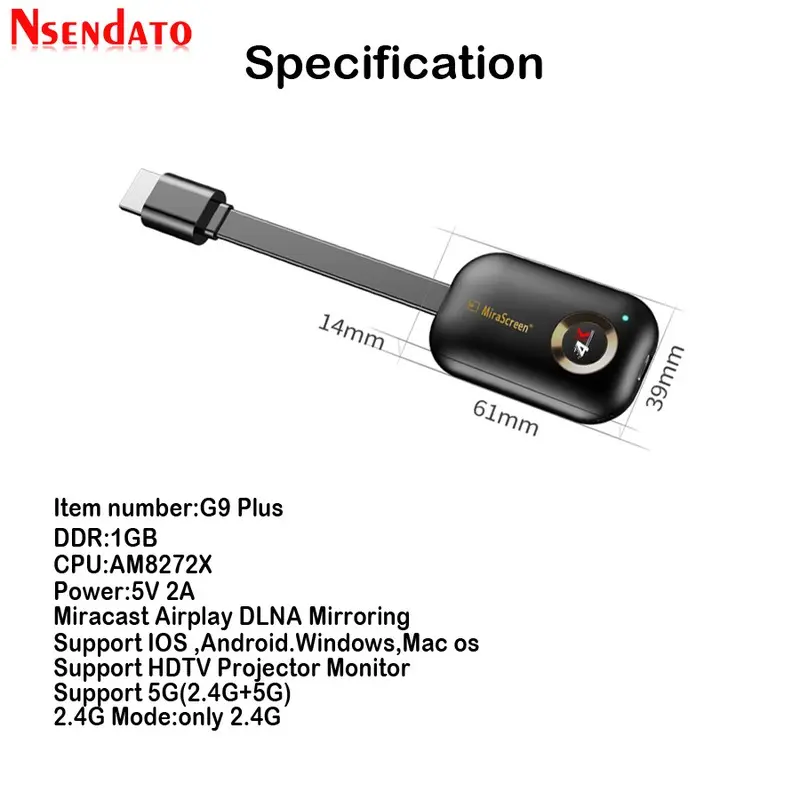 미라스크린 G9 플러스 2.4G/5G 4K 미라캐스트 와이파이 DLNA 에어플레이 HD TV 스틱 와이파이 디스플레이 동글 수신기 (IOS