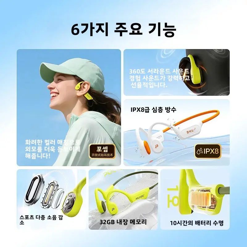 POLVCDG X9 골전도 이어폰 32G IPX8 방수 오픈 디자인 수영, 러닝, 사이클링용 귀걸이형 이어폰