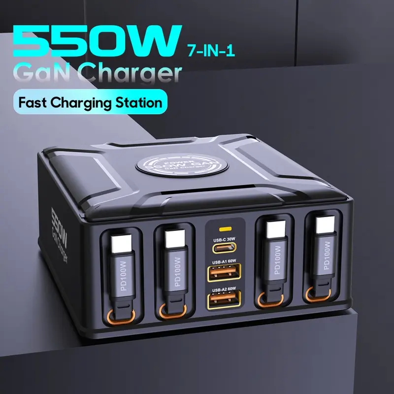 550W 7-in-1 충전 스테이션 (100W 접이식 USB C 케이블 포함) GaN 고속 충전기 (맥북 프로, 아이폰 17, 삼성 노트북