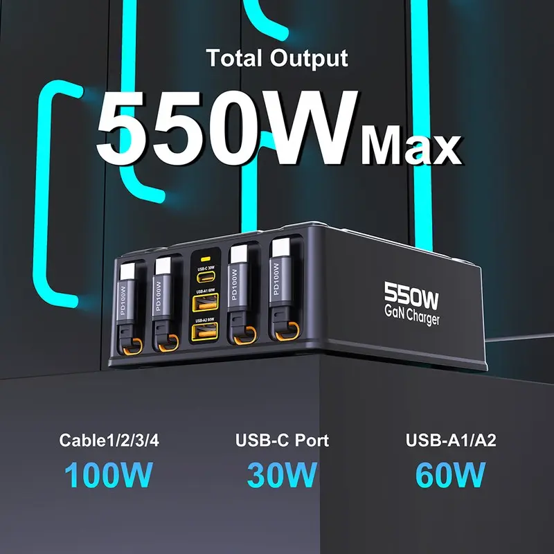 550W 7-in-1 충전 스테이션 (100W 접이식 USB C 케이블 포함) GaN 고속 충전기 (맥북 프로, 아이폰 17, 삼성 노트북