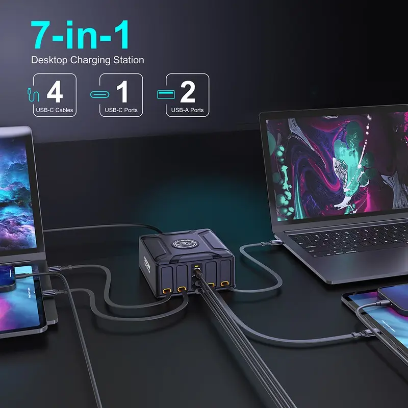 550W 7-in-1 충전 스테이션 (100W 접이식 USB C 케이블 포함) GaN 고속 충전기 (맥북 프로, 아이폰 17, 삼성 노트북