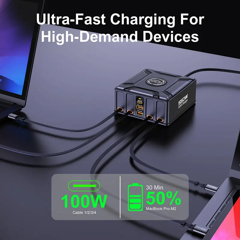 550W 7-in-1 충전 스테이션 (100W 접이식 USB C 케이블 포함) GaN 고속 충전기 (맥북 프로, 아이폰 17, 삼성 노트북