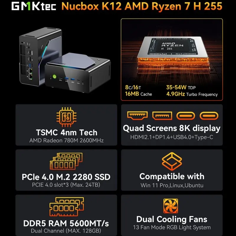 GMKtec K12 게이밍 미니 PC AMD Ryzen 7 H 255(업그레이드된 8745HS) 데스크탑 미니 컴퓨터 라데온 780M WiFi
