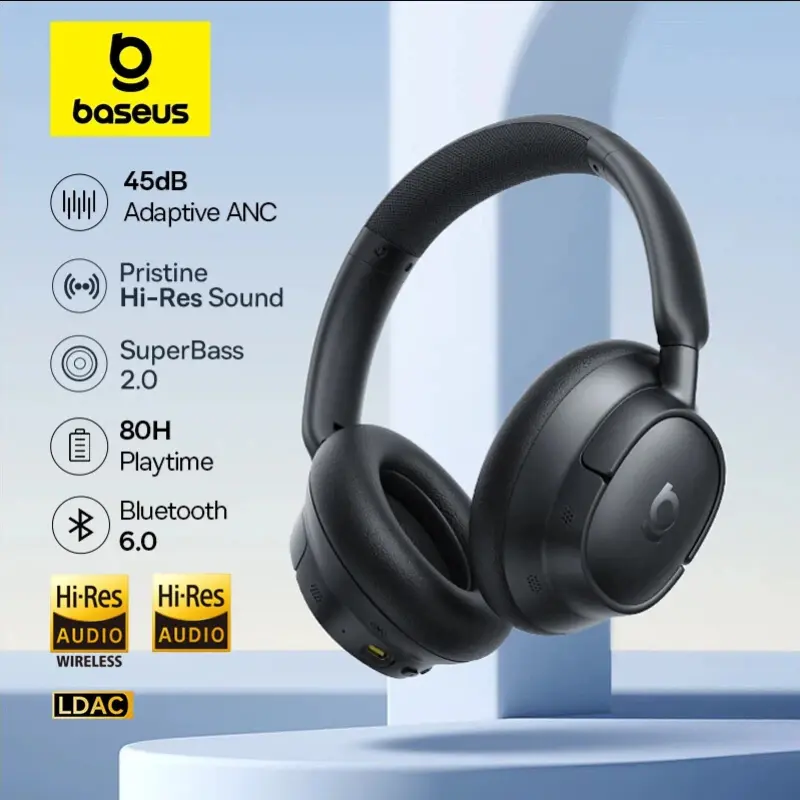 베이스어스 EH10 NC ANC 무선 헤드폰 45dB 어댑티브 하이브리드 노이즈 캔슬링 헤드셋 하이 레졸루션 LDAC 헤드폰 블루투스 6.0