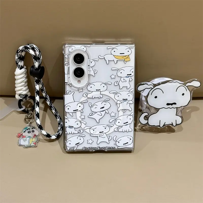 재미있는 크레용 신짱 마그네틱 폰 케이스 삼성 갤럭시 Z 폴드 8 폴드 7 6 5 4 폴드 8 울트라 커버 (매그세이프 스탠드 체인 포함)
