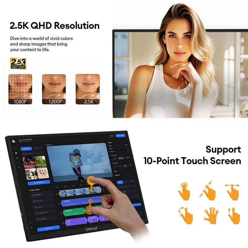 ZEUSLAP P16KT PRO 16인치 165Hz 휴대용 모니터 2.5K 500nit 터치스크린 100% sRGB 디스플레이 (게이밍