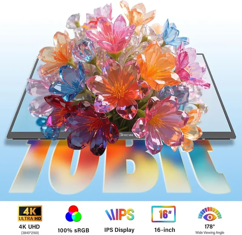 16인치 4K 휴대용 모니터 3840x2400 16:10 UHD 1500:1 명암비 100% DCI-P3, 노트북 PC 휴대폰 PS5 게임용