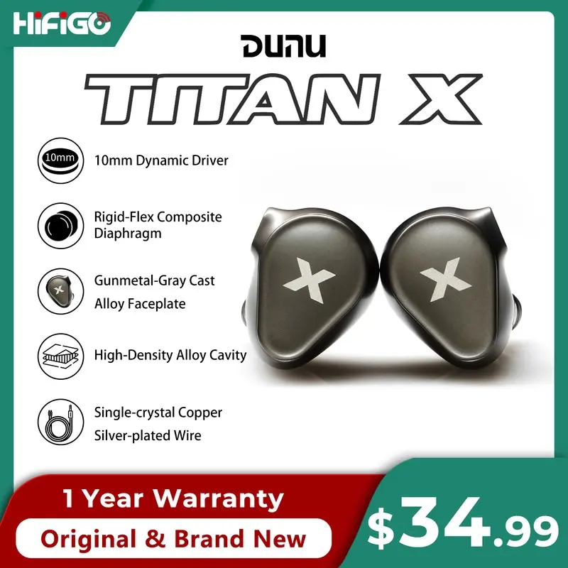 DUNU Titan X HiFi IEM 이어폰 듀얼 마그네틱 다이나믹 드라이버 금속 합금 하우징 오디오파일 게임용 3.5mm/TypeC 마이크