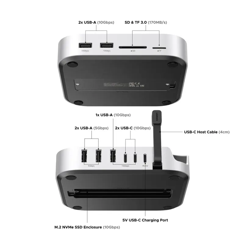 UGREEN USB 허브 도킹 스테이션 (Mac Mini M4/M5/M6용) M.2 NVMe SSD 8TB 최대 10Gbps USB-A&C