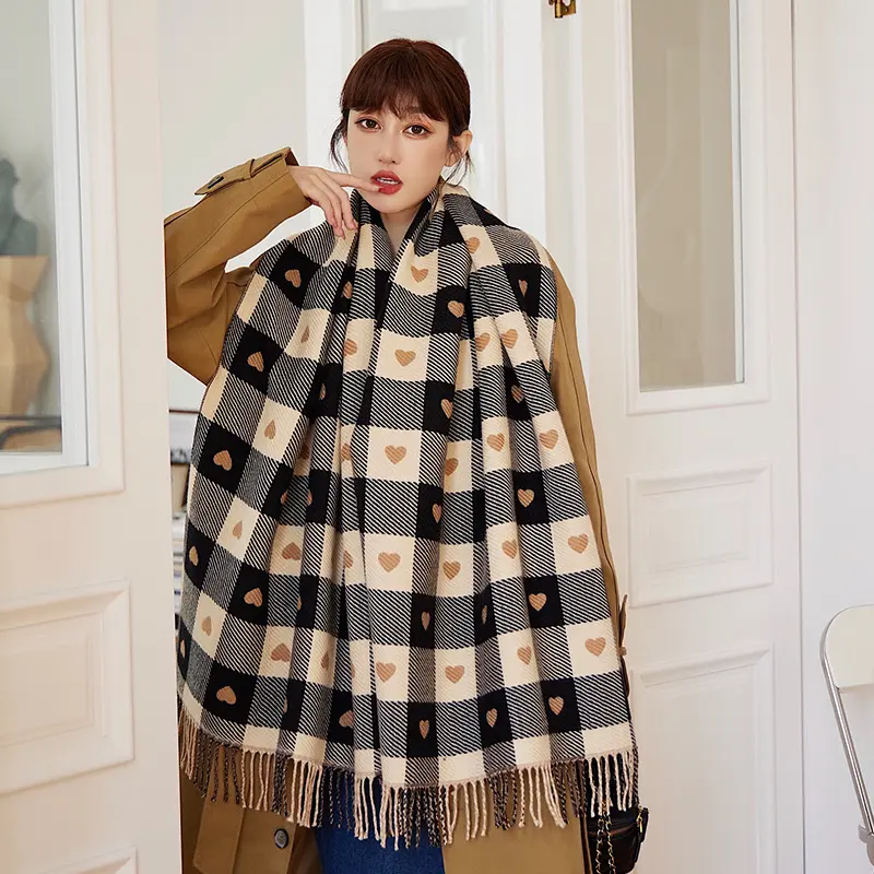 여성용 가을 겨울 하트 모양 스카프 1개, 여성용 격자 무늬 편안한 스카프, 두꺼운 대형 담요 숄 스카프
