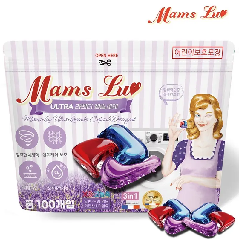 맘스럽 MamsLuv 울트라 라벤더 캡슐세제 파우치형 16gX100개입 대용량 세정제 표백제 얼룩제거 과탄산소다 고농축 저자극 실내건조 세탁