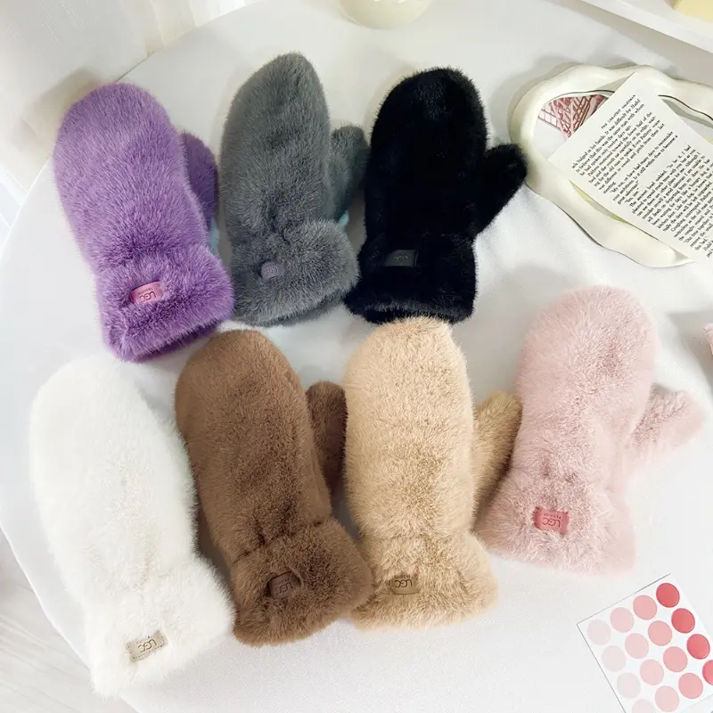 모조 토끼 모피 장갑 여성 겨울 장갑 방풍 플러시 두꺼운 따뜻한 플러스 캐시미어 장갑 부드러운 전체 손가락 장갑 장갑