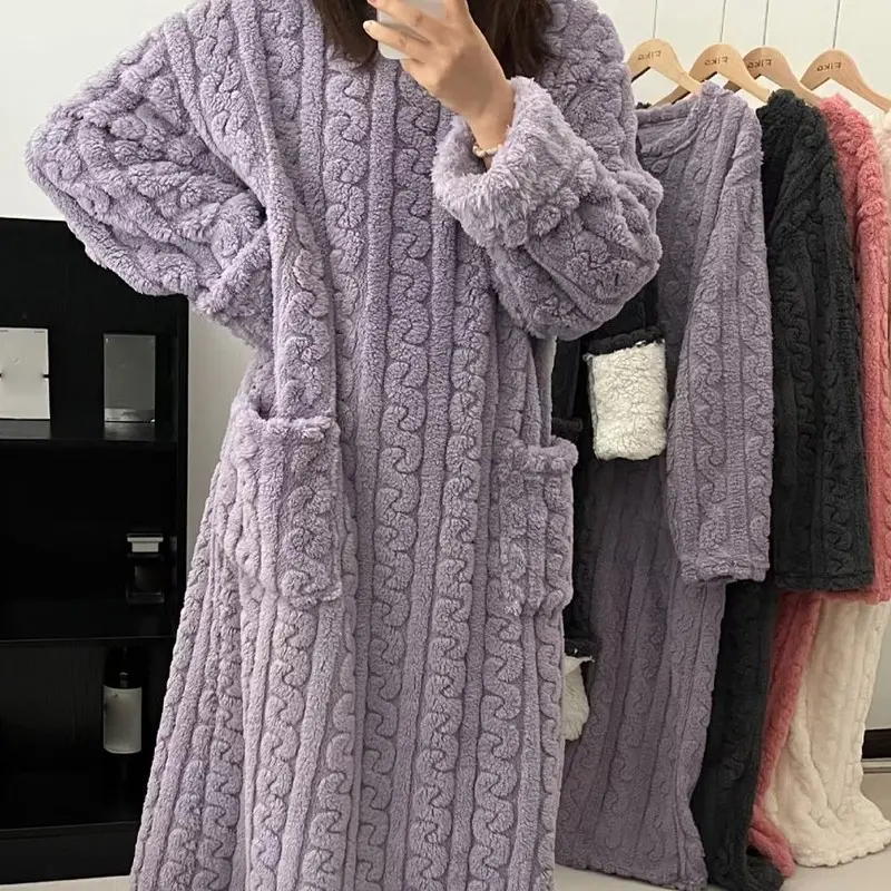 산호 벨벳 여성 잠옷 가을, 겨울 긴 소매 더블 포켓 플란넬 잠옷 여성 느슨한 솔리드 잠옷 - AliExpress 200574005