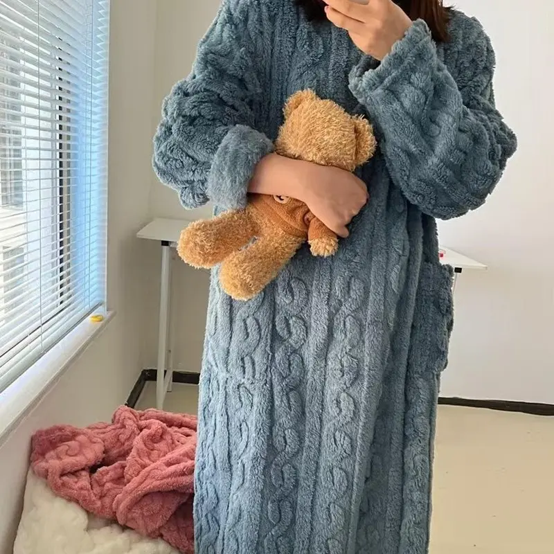 산호 벨벳 여성 잠옷 가을, 겨울 긴 소매 더블 포켓 플란넬 잠옷 여성 느슨한 솔리드 잠옷 - AliExpress 200574005