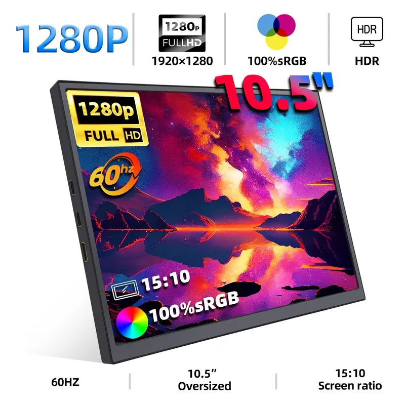 ZSUS 10.5 인치 휴대용 모니터, 1280P 100% sRGB 15:10, 로우 블루 라이트, Xbox PS4 / 5 스위치 휴대폰 PC