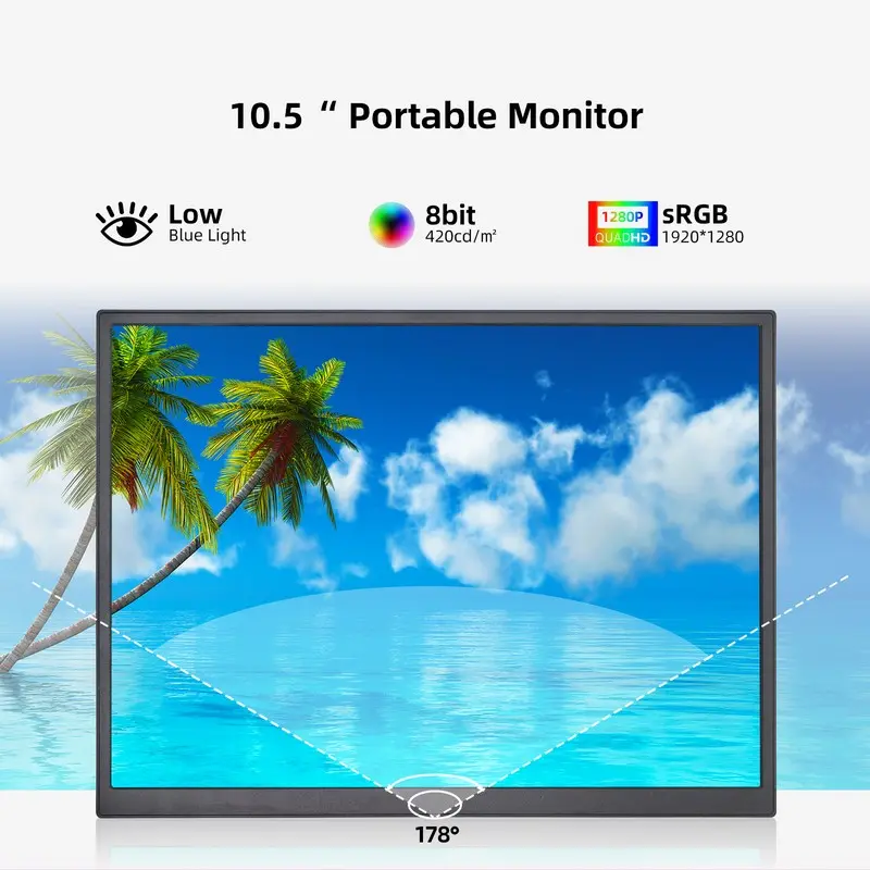 ZSUS 10.5 인치 휴대용 모니터, 1280P 100% sRGB 15:10, 로우 블루 라이트, Xbox PS4 / 5 스위치 휴대폰 PC