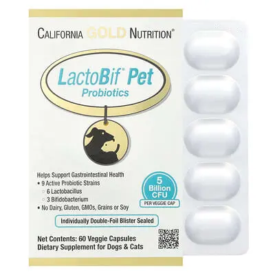 California Gold Nutrition (캘리포니아골드뉴트리션), LactoBif® 반려동물 프로바이오틱, 50억 CFU, 베지 캡슐