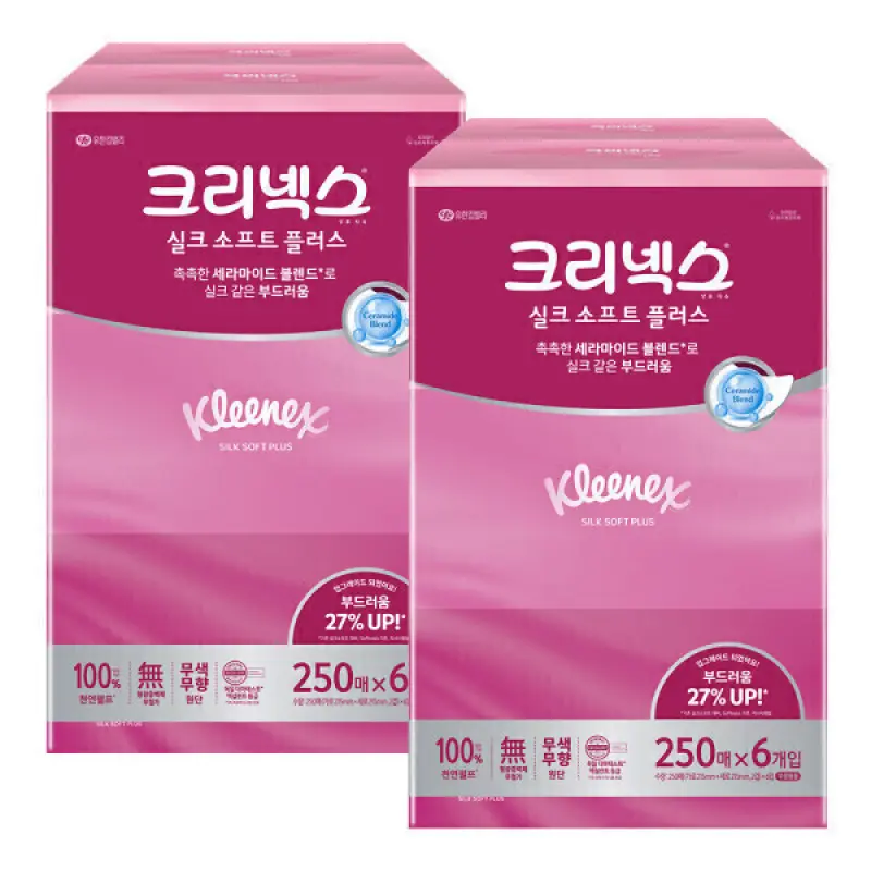 크리넥스 실크소프트 250매 6입 2팩 총 12개 천연펄프 미용티슈 각티슈 곽티슈