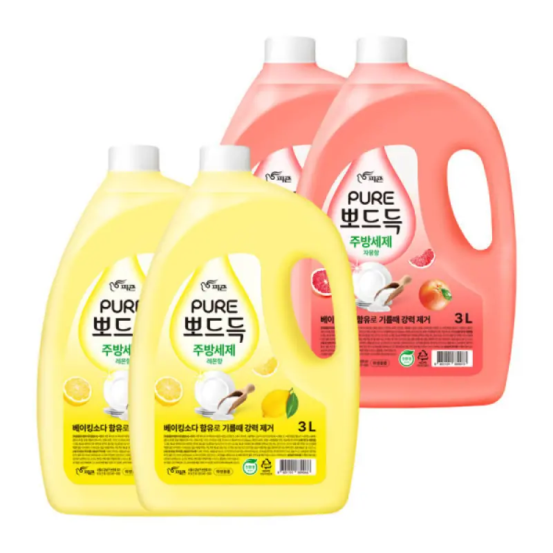 피죤 퓨어 뽀드득 베이킹소다 주방세제 3L 자몽향 2개 + 레몬향 2개