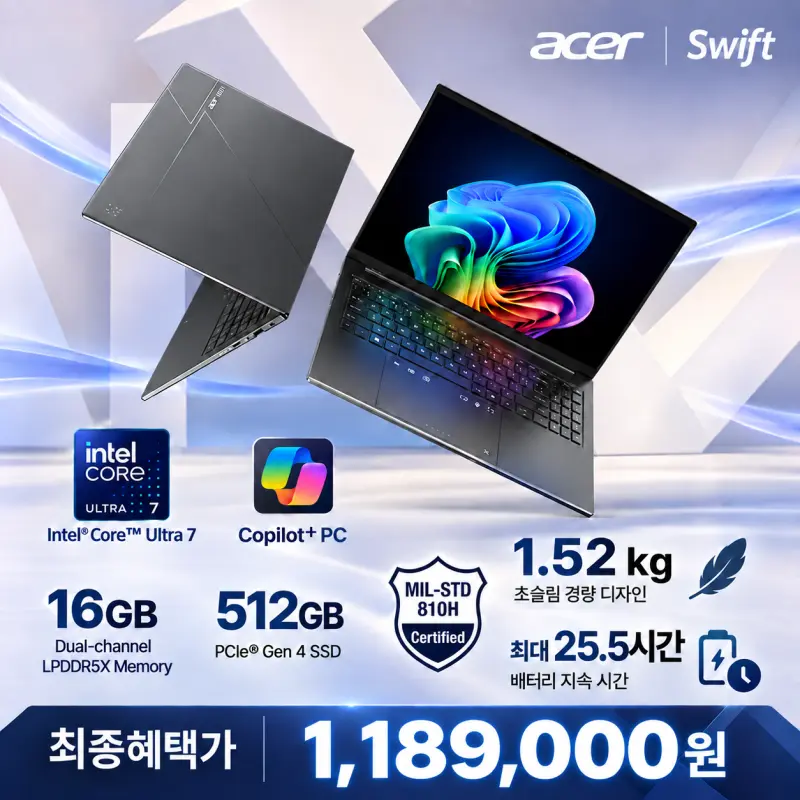 에이서 스위프트 16 GO AI SFG16-74-70E9 U7 256V 16GB 512GB IPS WUXGA 120Hz Win11
