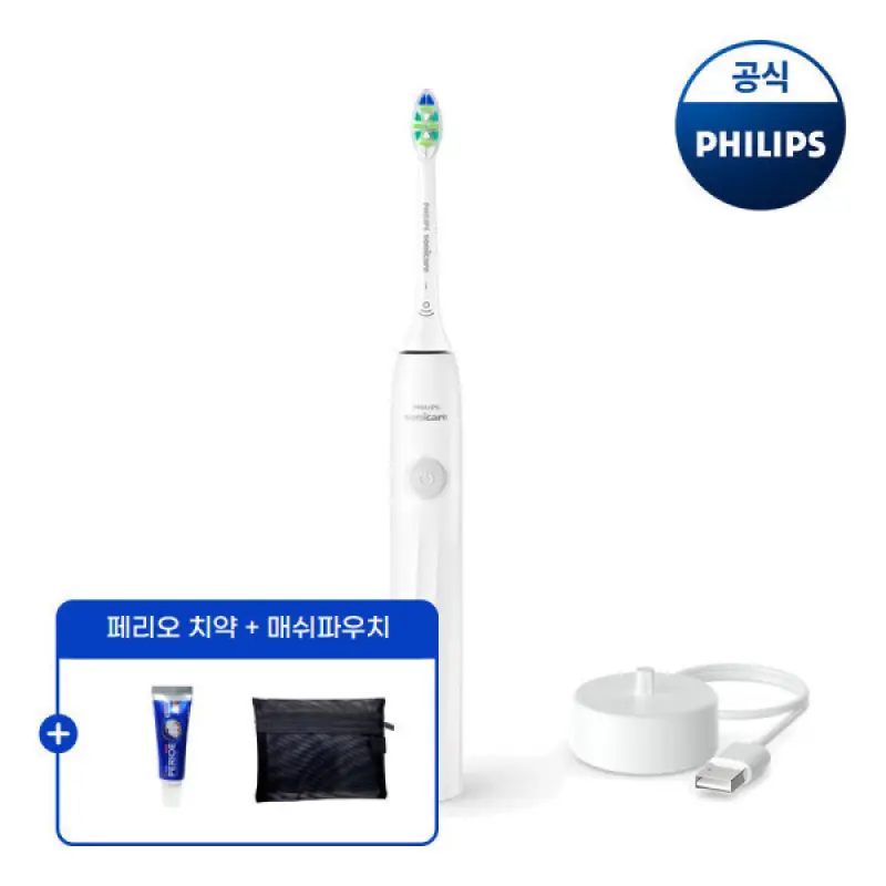 PHILIPS 필립스 NEW 소닉케어 2100 시리즈 화이트 HX4021/01 +페리오 치약 20g / 매쉬파우치